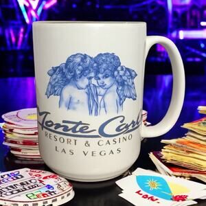 VTG Monte Carlo Casino Las Vegas Ceramic Gold Rim Blue Cherub Angle Coffee Mug